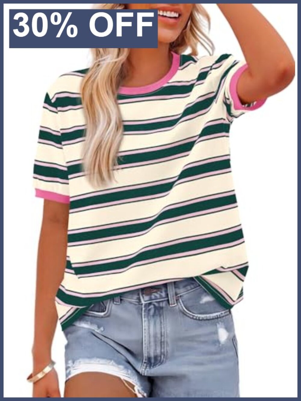 Women's Short Sleeve Striped Tee Crew Neck Loose Fit Cotton Blend Summer Top
